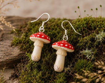 Handmade toadstool earrings from polymer clay, red and white dotted earrings, whimsical amarita