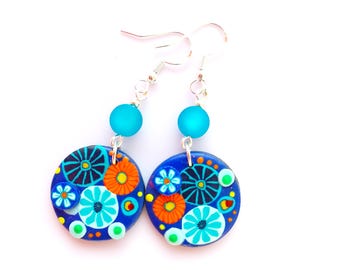 Colorful blue round polymer clay earrings with polaris beads on sterling silver hooks, woman gift