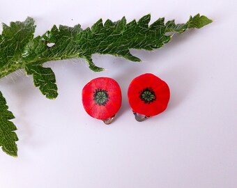 Handmade small red Poppy floral polymer clay clip on earrings, modern flower earring
