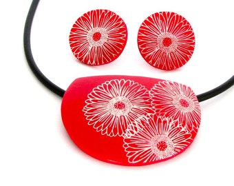 Red white Flower Statement necklace, big handmade pendant unique polymer clay jewelry set with rubber collier and earstuds