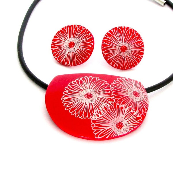 Red white Flower Statement necklace, big handmade pendant unique polymer clay jewelry set with rubber collier and earstuds