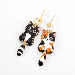 Funny dangle black and tuxedo mismatched Cat studs with dangle tail, cat earrings