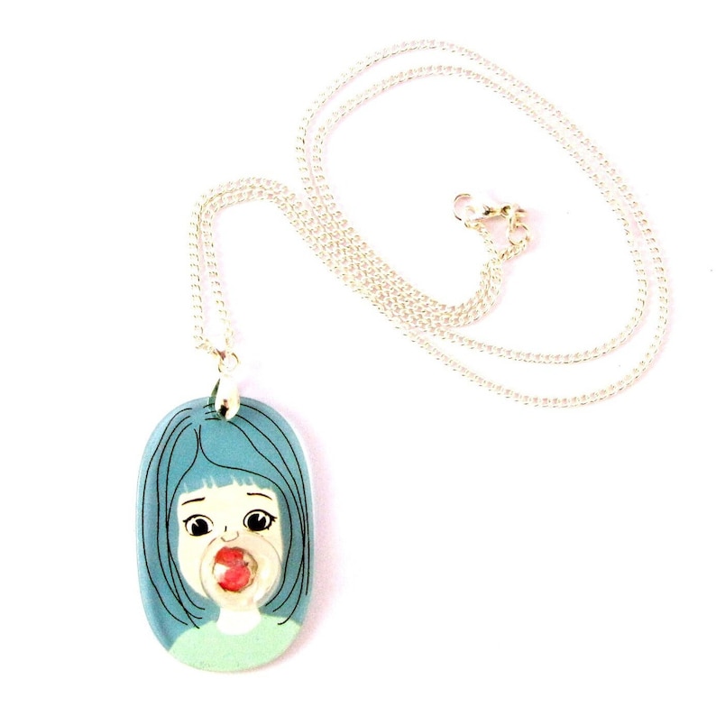 Bubble Gum Girlface funky comic acryl silver necklace, big tourquoise red woman image 1