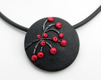 Red berry branch necklace, ceramic pendant in black and red unique polymer clay, handmade fimo, modern jewelry, rubber necklace