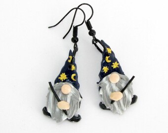 Handmade wizard earrings from polymer clay , mond and star stocking cap and magic wand, dangle earrings