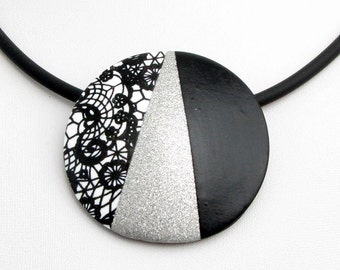 Polymer clay Lace necklace in black, white and silver colour, unique fimo jewelry, handmade glitter necklace, polymer clay jewelry, gothic