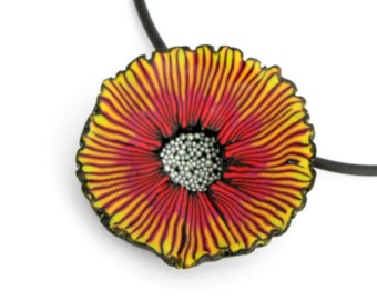 Yellow red Fairy Flower necklace, unique polymer clay handmade necklace, big flower pendant, millefiori, fimo jewelry