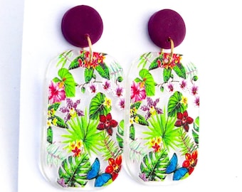 Rainforest violett green pink Flower dangle summer earrings, long boho orchid Flowerearrings, blossom earrings,