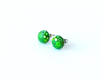 Mini green yellow round mosaic stud earrings with stainless steel earstud with handmade polymer clay klimt design