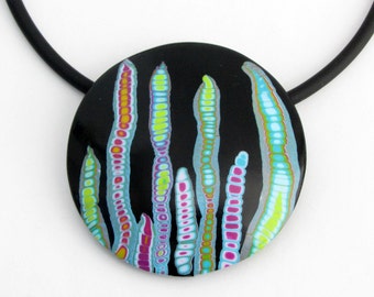 Statement necklace in black and rainbow Colour Design, colorful unique polymer clay jewellery, round ceramic pendant, polymer clay jewelry
