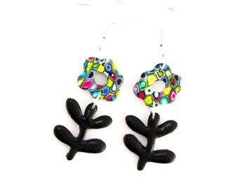 Handmade floral polymer clay earrings, ceramic flower earring, fimo,  modern black rainbow dangle earring