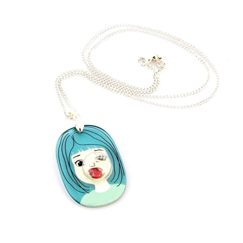 Bubble Gum Girlface funky comic acryl silver necklace, big tourquoise red woman image 2