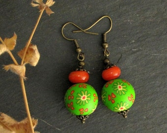 Green orange hanmade bead earrings from lampwork and polymer clay earrings, ceramic woman dangle earring