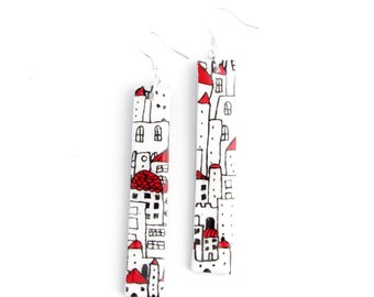 Longues boucles d’oreilles rectangulaires rouges Maison Blanche, crochets en argent 925, boucles d’oreilles en argile polymère, boucles d’oreilles Fimo inhabituelles peintes à la main, boucles d’oreilles en céramique