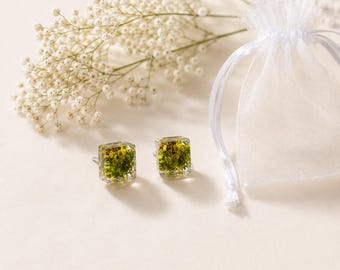 Mini green yellow lichen cube stud earrings with stainless steel earstud