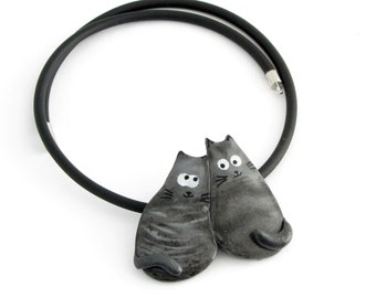 Grey tabby cats in love, handpainted necklace, handmade unique polymer clay jewelry, ceramic cat necklace, modern statment