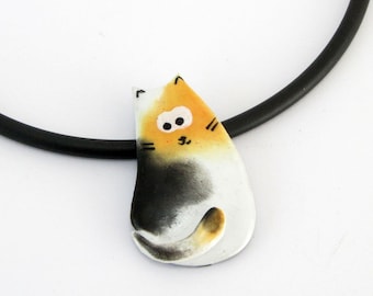 Calico cat handpainted necklace, handmade unique polymer clay jewelry, ceramic cat necklace, modern statment