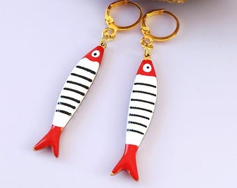 Long striped Fish earrings in red and white and black