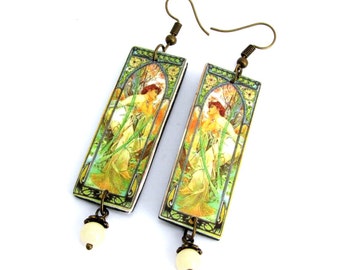 Art Nouveau earrings, Mucha polymer clay earring, ceramic earring, Vintage Woman dangle earring, drop earrings, waerable art jewelry, fimo