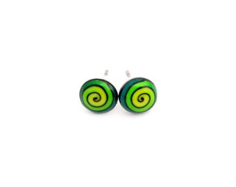 Mini round green yellow Stud Earrings, stainless steel earstud with handmade polymer clay spiral design