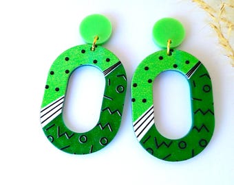 Big green acryl pattern mix dangle earrings, long funky Statment studs