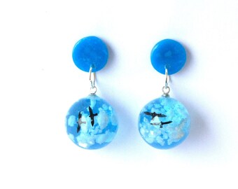 Sphere sky with clouds and birds  polymer clay and resin earrings with stainless steal earstuds, handmade dangle earrings