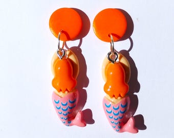 Mermaid dangle earrings, stainless steel earstuds with nixe design