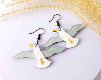 Seagull acryl earrings in black, grey and white, gull dangle statment earring