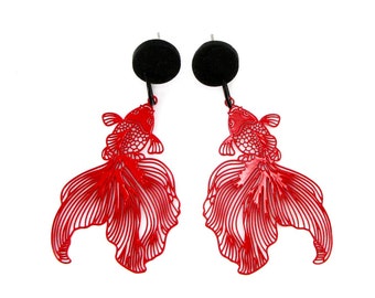 Long Koi Fish red black polymer clay stainless steel studs, long dangle goldfish earrings