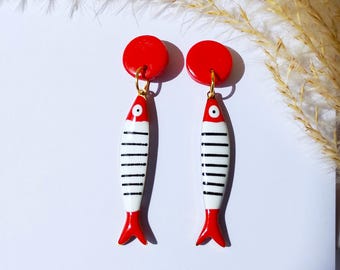Long striped Fish earrings in red white and black on red earstuds