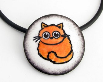 Ginger Cat necklace handmade unique polymer clay with orange Cat,  polymer clay jewelry, ceramic cat necklace, modern statment