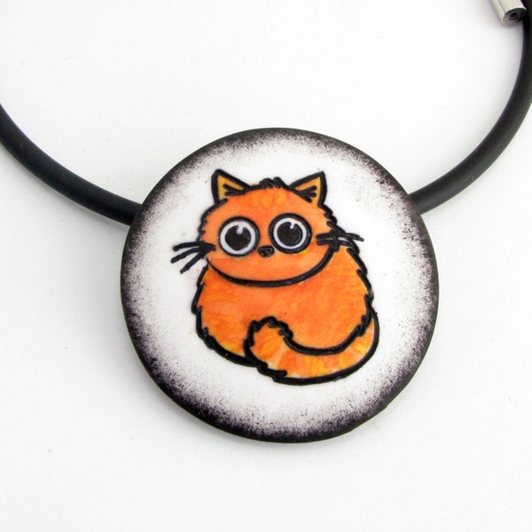 Ginger Cat necklace handmade unique polymer clay with orange Cat,  polymer clay jewelry, ceramic cat necklace, modern statment