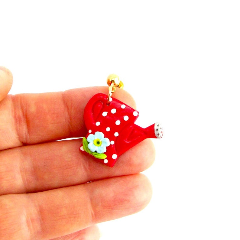 Flower earrings red white polkadot Watering can from handmade polymer clay on stainless steel studs, gardener gift for woman 画像 3