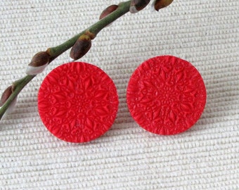 Big round red mandala Stud Earrings, stainless steel earstud with handmade polymer clay, ceramic coil stud