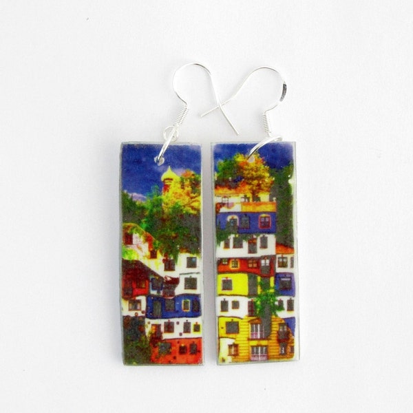 Hundertwasser Häuser an 925 Silber Haken, bunte polymer clay Ohrringe, Fimoschmuck, Häuser, ungewöhnliche lange Ohrhänger, Keramikohrringe