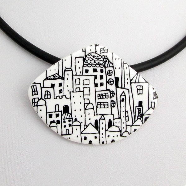 City necklace in black and white, unique polymer clay, houses Bib necklace, ceramic jewelry, handmade fimo necklace, polymer clay jewelry