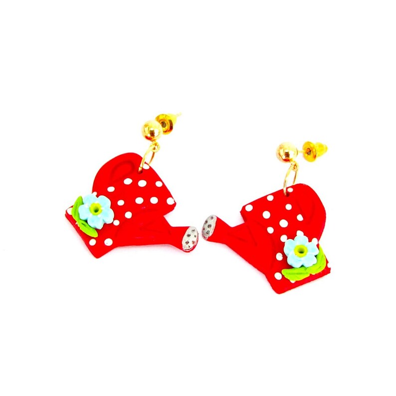 Flower earrings red white polkadot Watering can from handmade polymer clay on stainless steel studs, gardener gift for woman image 2