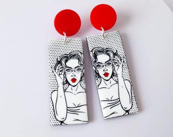 50s Retro style Marylin face handmade polymer clay dotted earring with stainless steel studs