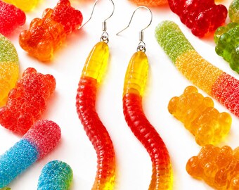 Rainbow Gummy Worm Earrings Fake Jelly candy earrings from handmade resin