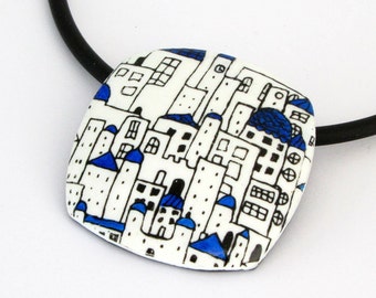 City necklace in black, red, white, unique polymer clay, houses Bib necklace, ceramic jewelry, handmade fimo necklace, polymer clay jewelry