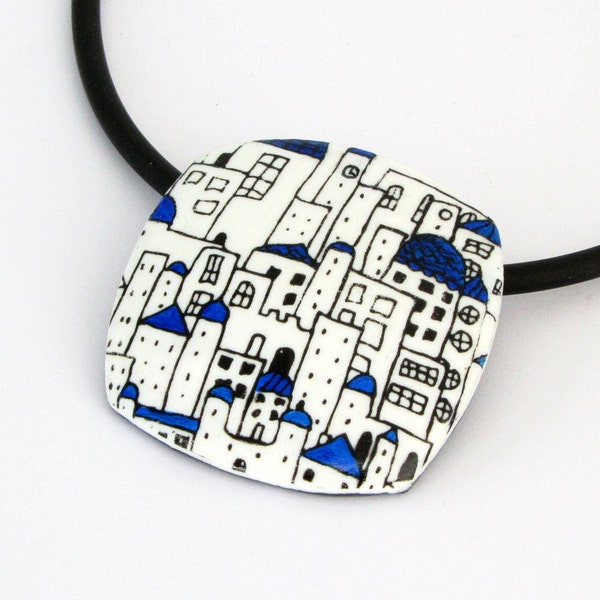 City necklace in black, red, white, unique polymer clay, houses Bib necklace, ceramic jewelry, handmade fimo necklace, polymer clay jewelry