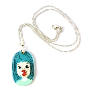 Bubble Gum Girlface funky comic acryl silver necklace, big tourquoise red woman image 4