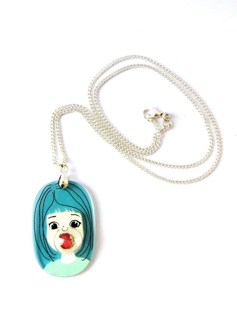 Bubble Gum Girlface funky comic acryl silver necklace, big tourquoise red woman image 4