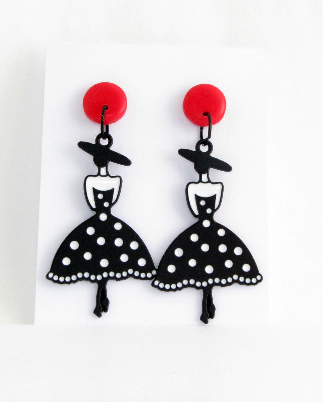 Rockabilly Polkadot Petticoat Woman Earrings From Enamel and Red