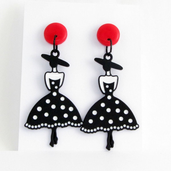 Rockabilly polkadot petticoat woman earrings from enamel and red polymer clay with stainless steal earstuds, 50s dress