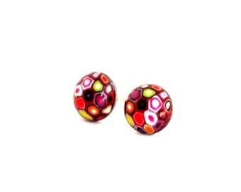 Mini Round Colorful Stud Earrings, stainless steel earstud with handmade polymer clay klimt design, minimalist small red studs