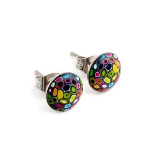 Mini Round Colorful Stud Earrings, stainless steel, earstud with handmade polymer clay klimt design, fimo earring,  minimalist small studs