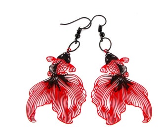 Long Koi Fish red black polymer clay stainless steel black hooks, long dangle goldfish earrings