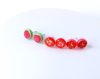 Mini fruit stud earrings on stainless steel,  melon,  pomegranate or tomato minimalist small studs