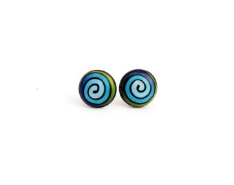 Mini Round Colorful Stud Earrings, stainless steel, earstud with handmade polymer clay spiral design, blue fimo earring,  minimalist studs